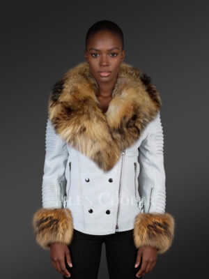 Authentic White Leather Jacket with Removable Fur Collar and Handcuffs