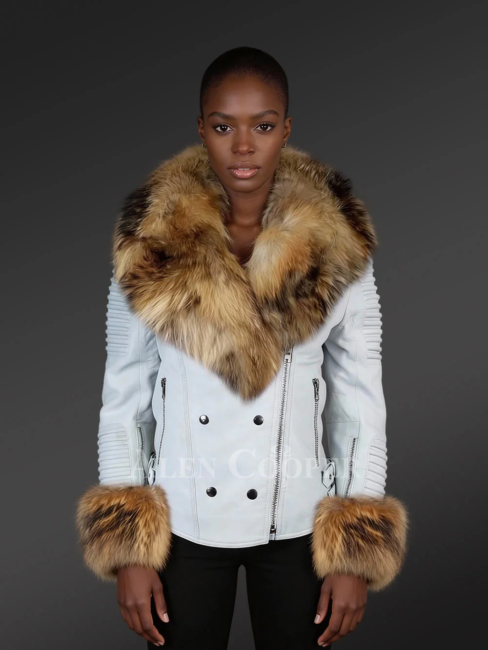 Authentic White Leather Jacket with Removable Fur Collar and Handcuffs