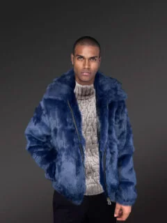 Lucas Natural Grey Rabbit Fur Hooded Bomber Jacket for Men