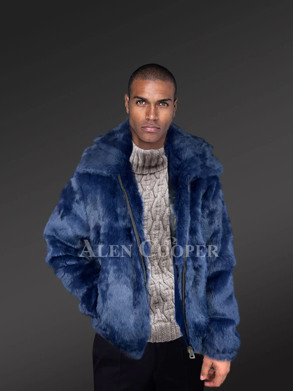 Alen Cooper Women Rabbit Fur Bomber in Navy