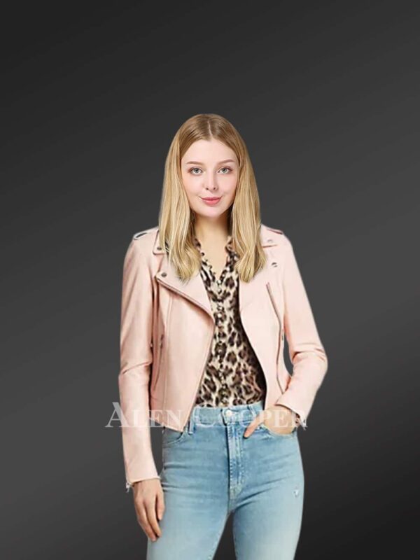 Authentic leather biker jacket in pink for tasteful women