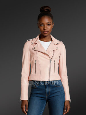 Baby Pink Leather Jacket For Women