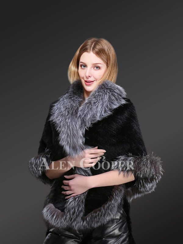 Mink Fur Cape Style Coat - Embellished with Silver Fox Fur Trims - Image 4