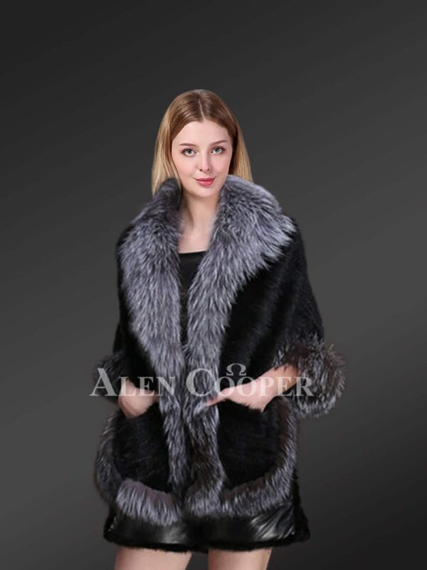 Mink Fur Cape Style Coat - Embellished with Silver Fox Fur Trims - Image 3