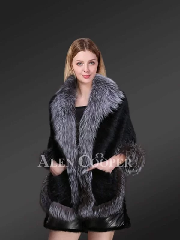 Beautiful Mink Fur Cape with Silver Fox Fur Trims - Image 3