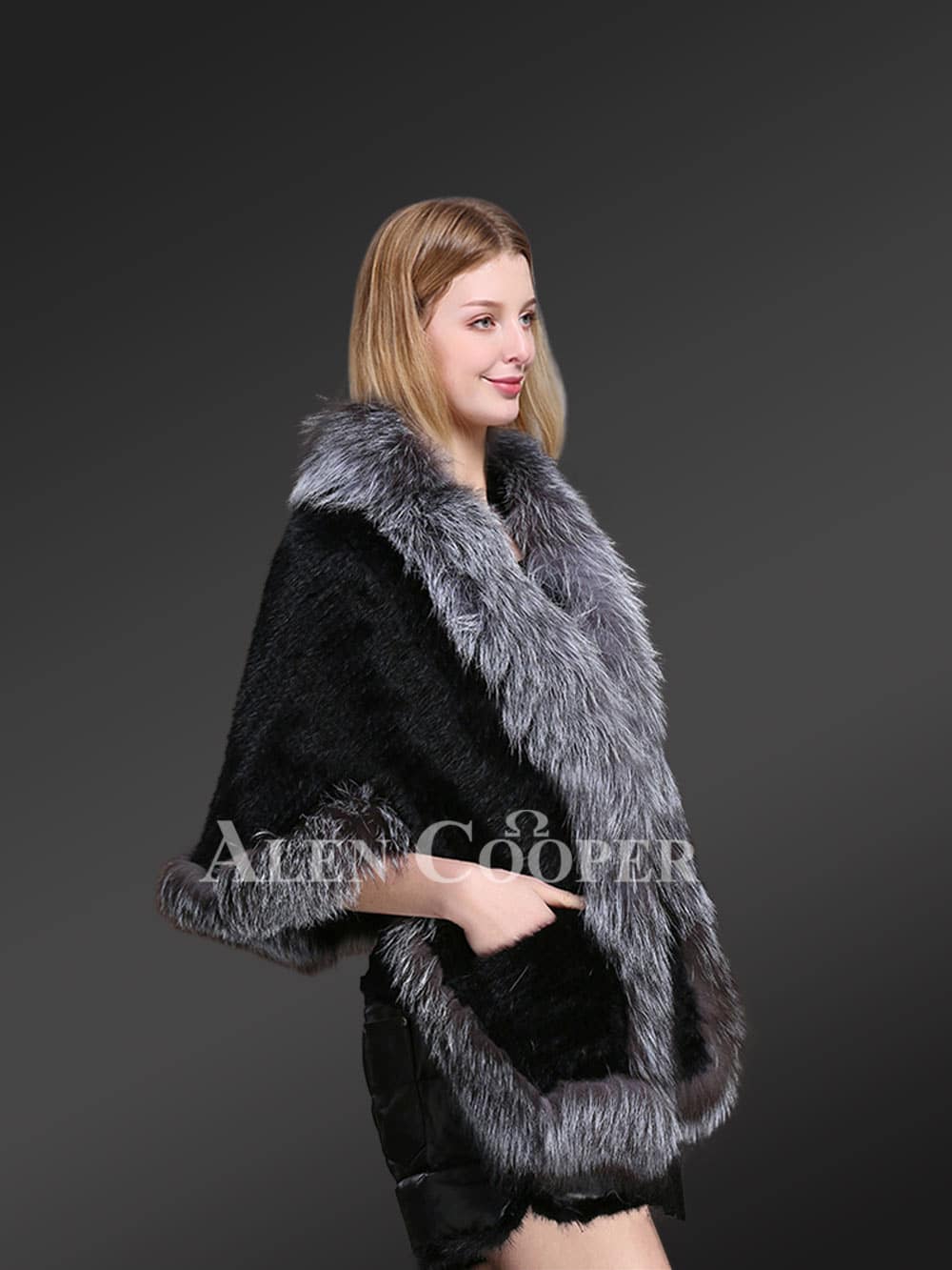 Mink Fur Cape With silver Fox Fur Trims