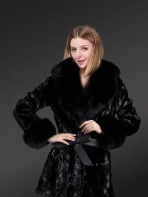 Women Long Coat in Mink Fur with Bow Tie Belt