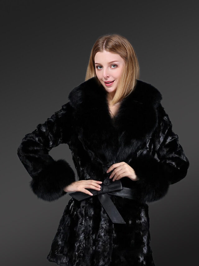 Women Long Coat in Mink Fur with Bow Tie Belt