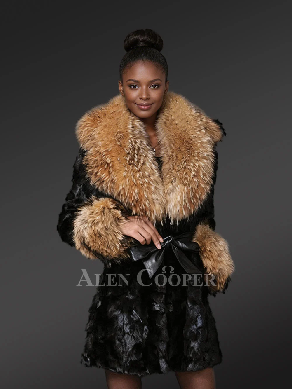 Mink Coat Aライン 衿ギャザー　シェアードミンク　XL〜2XL相当 Mink fur Coat with belt and fur trim collar