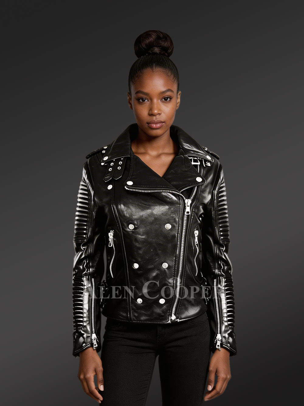 Biker Black Leather Jacket With Piped Sleeves