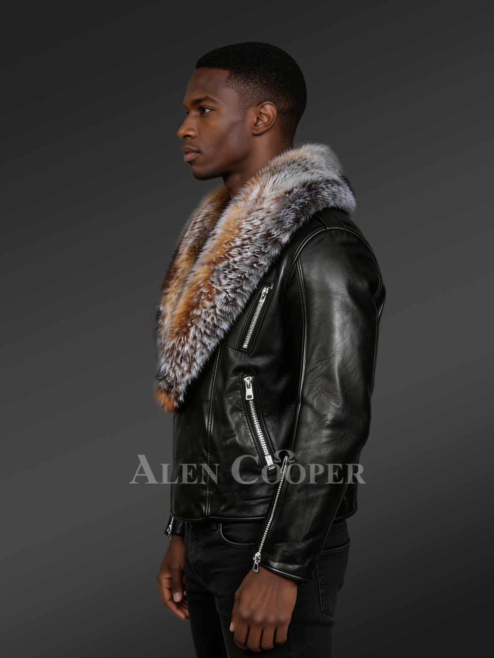 Biker Leather Jacket with Crystal Fox Fur Collar - Image 3