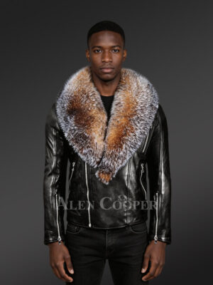 Biker Leather Jacket with Crystal Fox Fur Collar