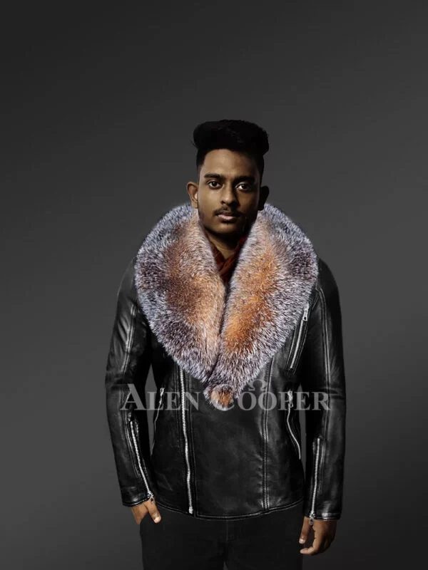 Biker leather jacket with crystal fox fur collar