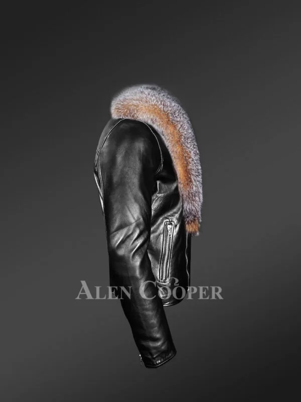 Biker Leather Jacket with Crystal Fox Fur Collar - Image 3