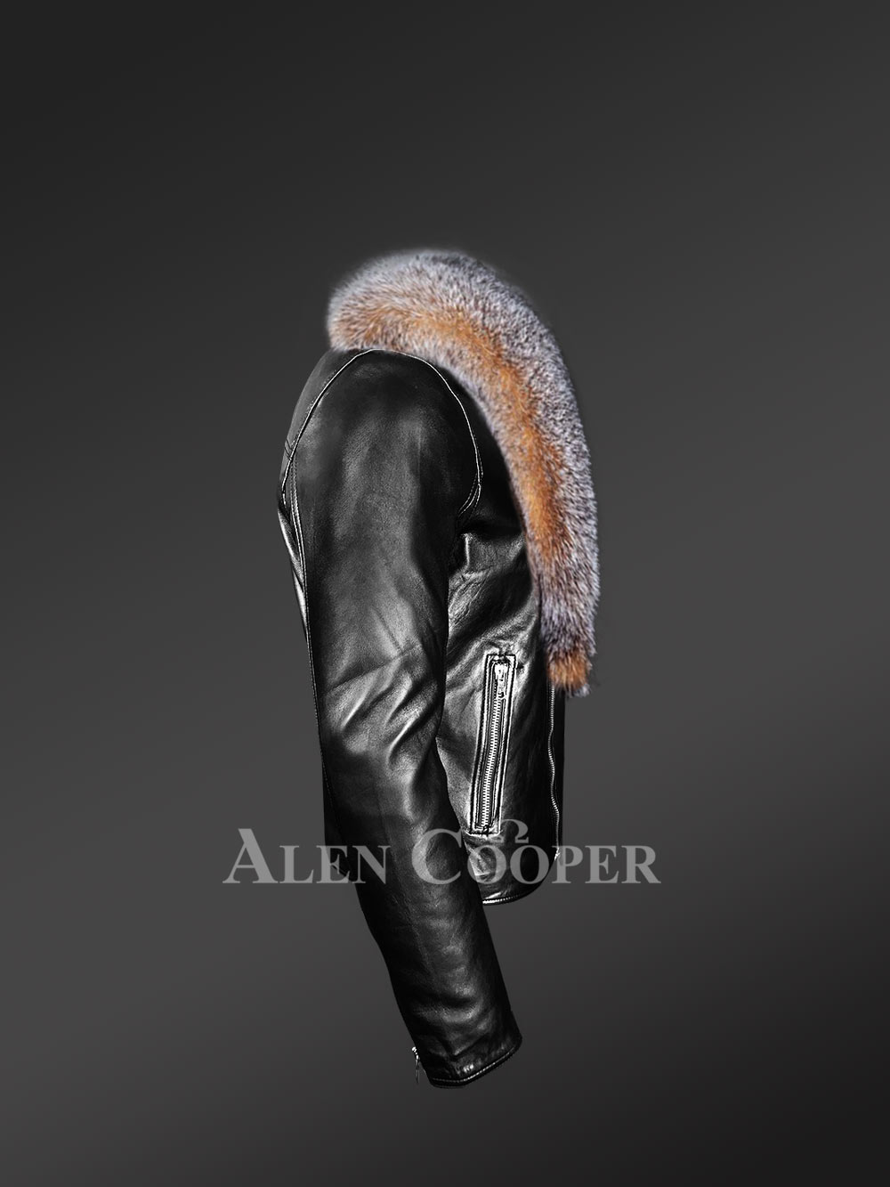 Leather Jacket with Crystal Fox Fur Collar in Biker Style