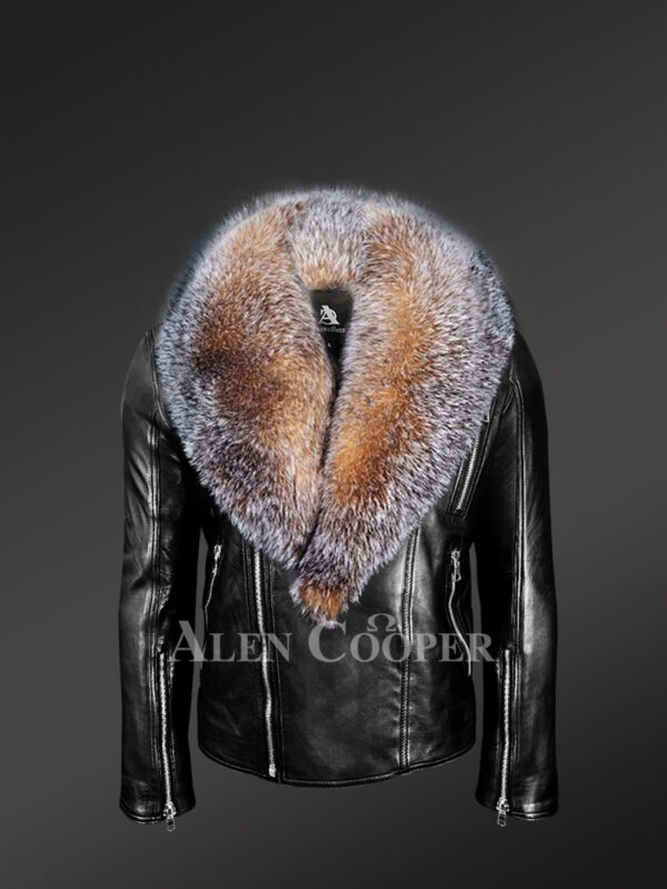 Biker Leather Jacket with Crystal Fox Fur Collar - Image 2