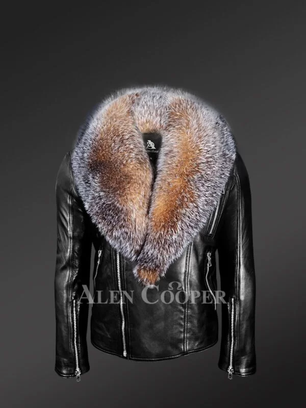 Biker Leather Jacket with Crystal Fox Fur Collar - Image 2
