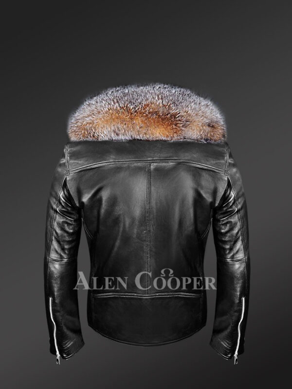 Biker Leather Jacket with Crystal Fox Fur Collar - Image 4