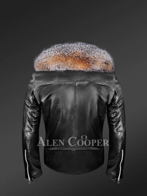 Biker Leather Jacket with Crystal Fox Fur Collar - Image 4