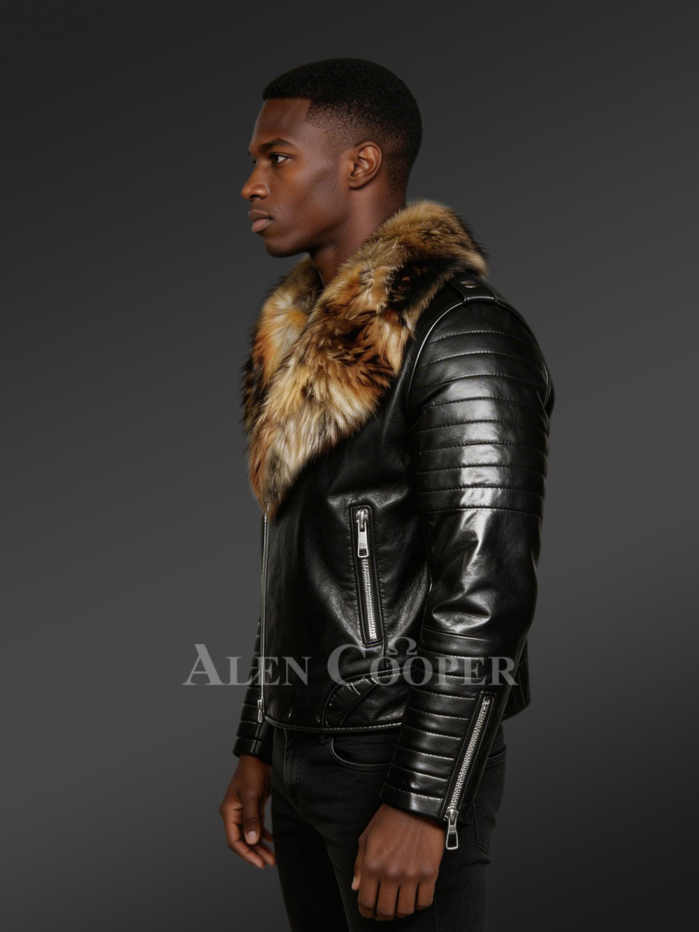 Black Biker Jacket with Raccoon Lapel – Be a Trendsetter - Image 3