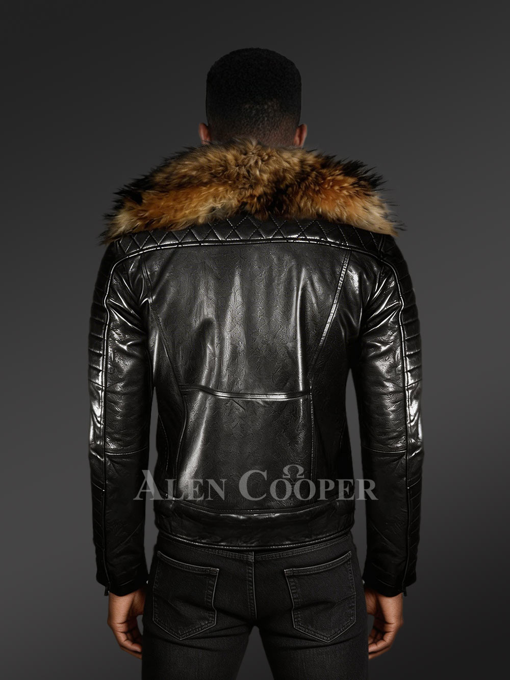 Black Biker Jacket with Raccoon Lapel – Be a Trendsetter - Image 4