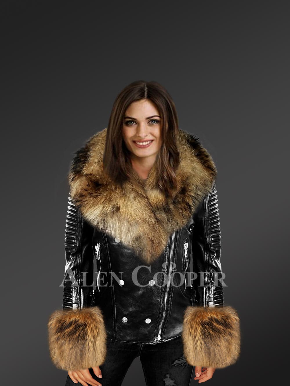 Leather Jacket with Mongolian Lamb Fur Trim at