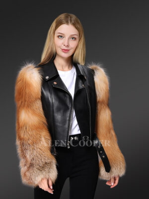Black Leather Jacket with Red Fox Fur Sleeves– Look Extraordinary & Feel Amazing