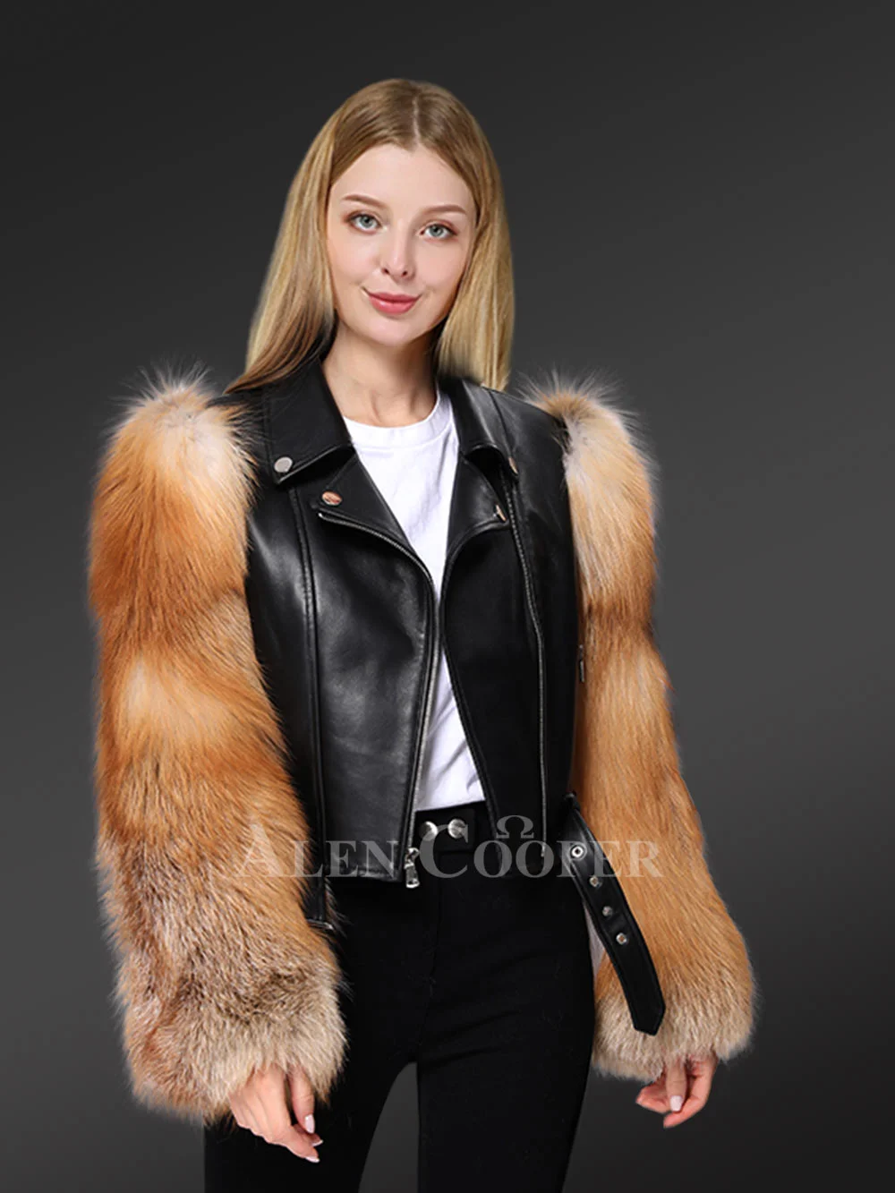 Black Leather Jacket with Red Fox Fur Sleeves– Look Extraordinary & Feel Amazing