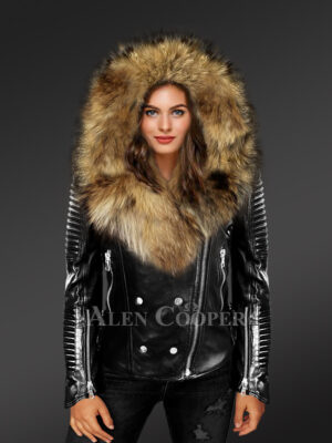 Black Leather Jacket with Removable Fur Collar