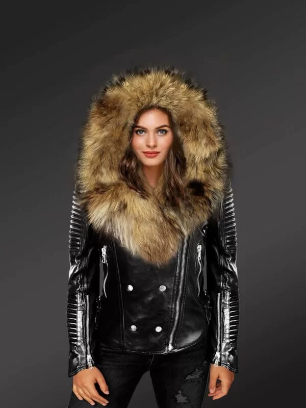 Black Leather Jacket with Removable Fur Collar - Image 2