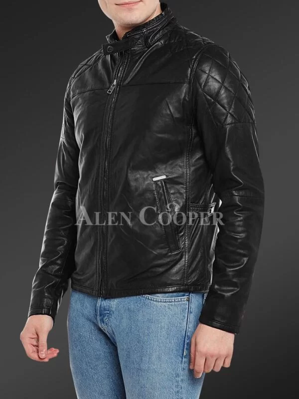 Men’s Iconic Black Short Real Leather Jacket with Quilted Shoulder - Image 5