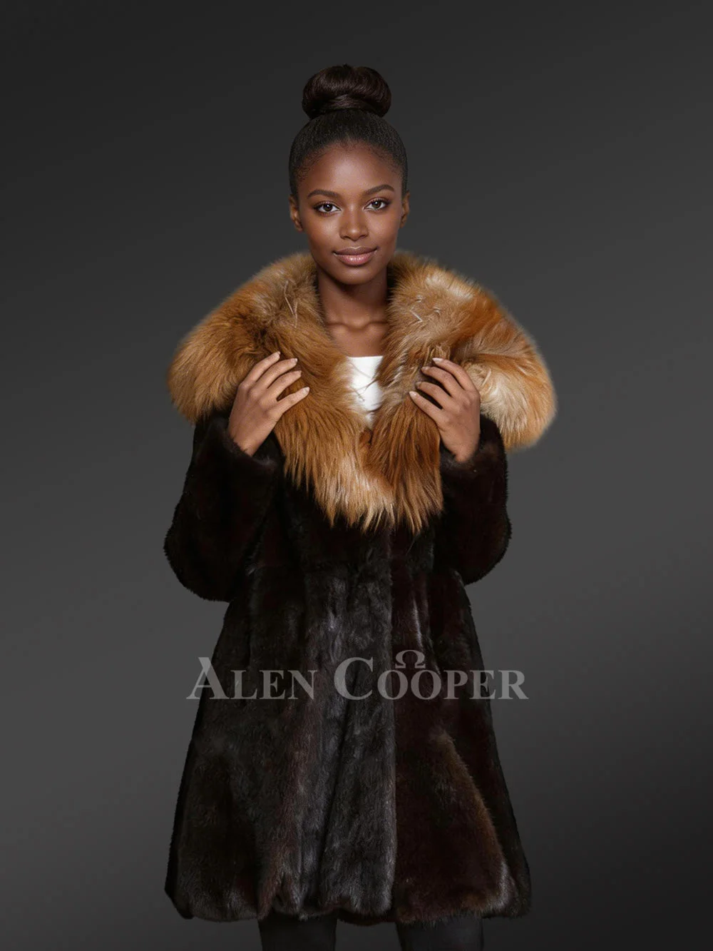 もこ★アパルトモン　ミンクフォックス ストール Mink Fox Black Mink Fur Coat with Fox Fur Lapel