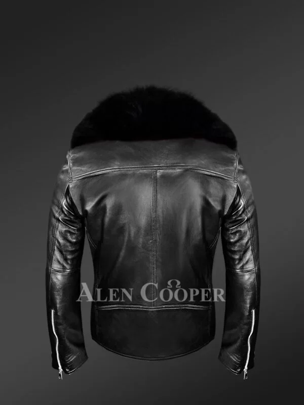 Black Motorcycle Leather Jacket with Fox Fur Collar for Men - Image 4