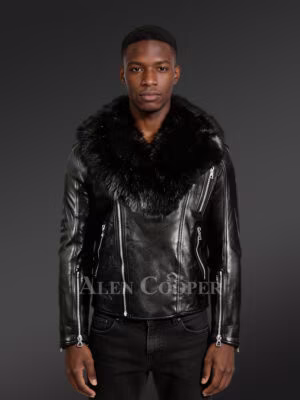 Black Motorcycle Leather Jacket with Fox Fur Collar for Men