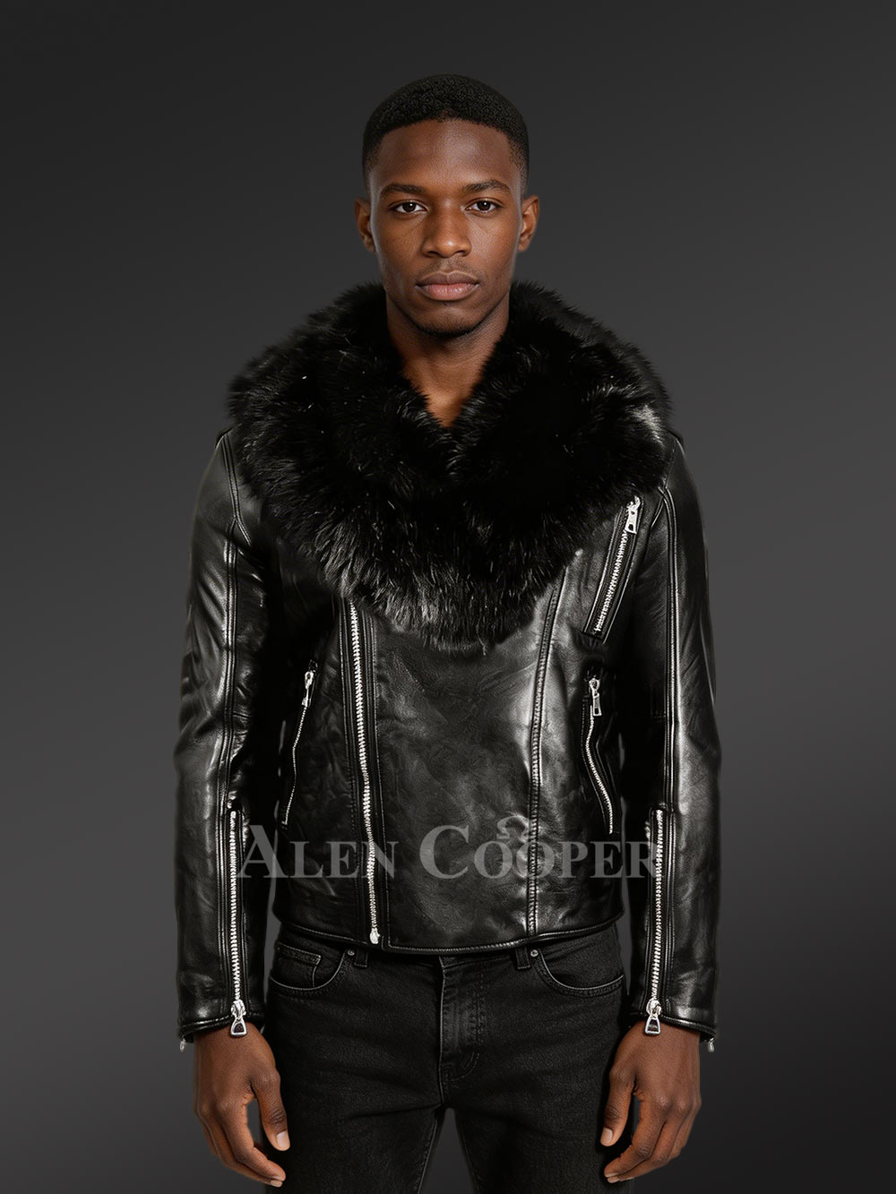 Black Motorcycle Leather Jacket with Fox Fur Collar for Men