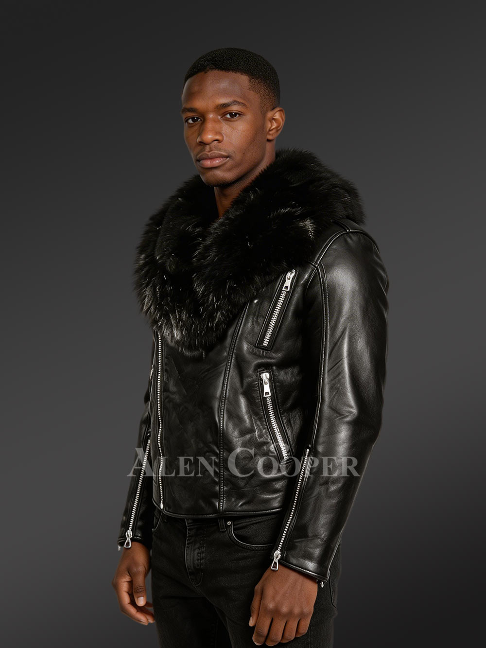 Black Motorcycle Leather Jacket with Fox Fur Collar for Men - Image 3