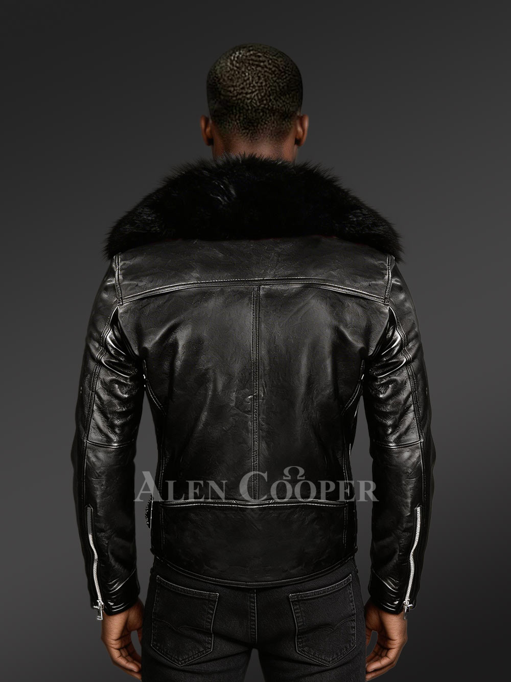 Black Motorcycle Leather Jacket with Fox Fur Collar for Men - Image 4