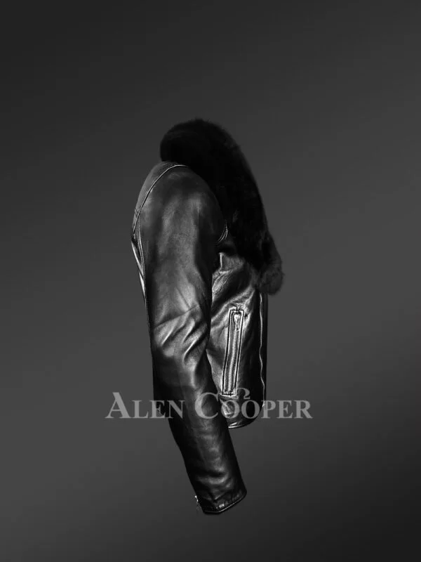 Black Motorcycle Leather Jacket with Fox Fur Collar for Men - Image 3