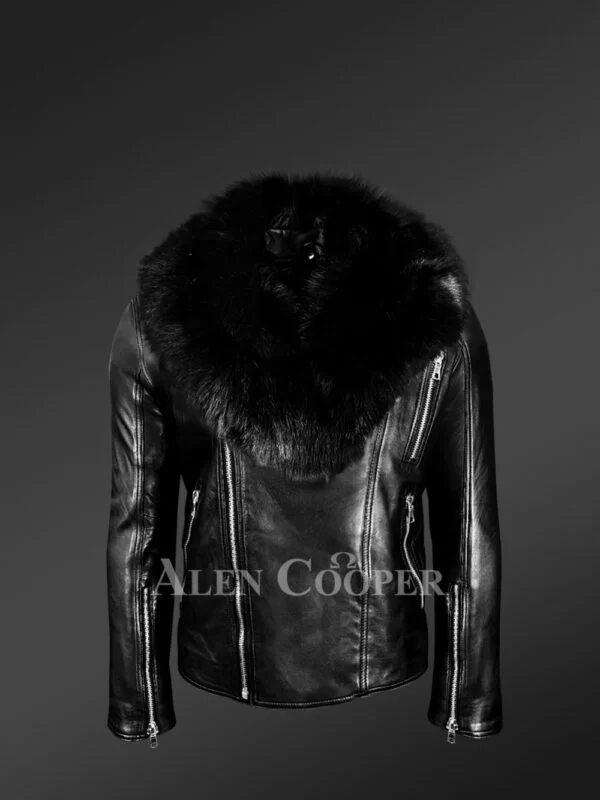 Black Motorcycle Leather Jacket with Fox Fur Collar for Men - Image 2