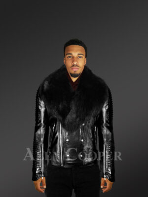 Black Motorcycle Leather jacket with fox fur collar