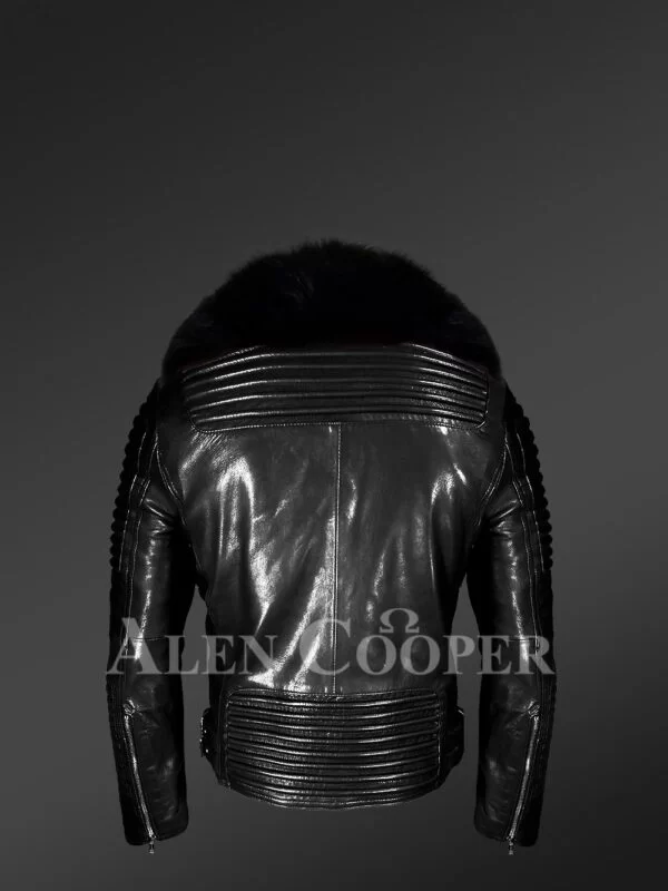 Black Motorcycle Leather jacket with fox fur collar back view
