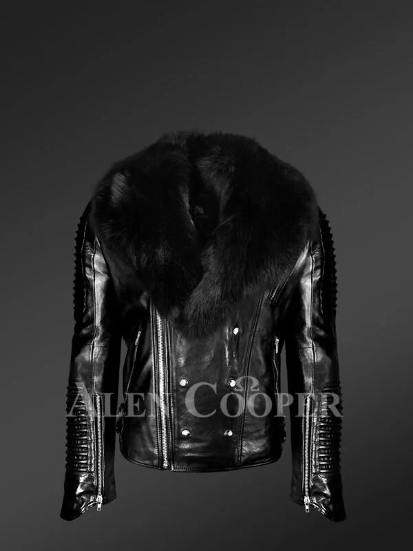 Black Motorcycle Leather jacket with fox fur collar