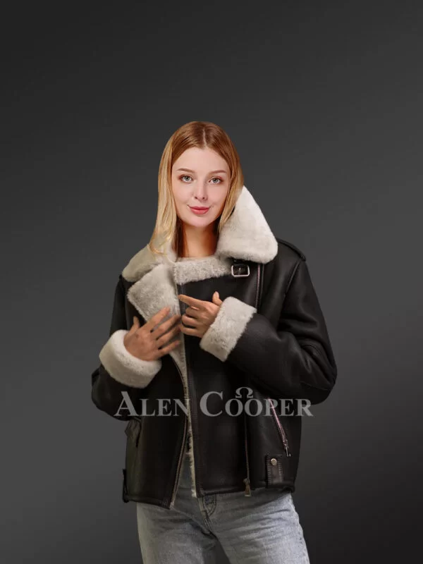 Black Nappa Sheepskin Shearling Jacket for Women - Image 2