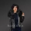 Black Real leather Jacket with Raccoon fur collar for Womens
