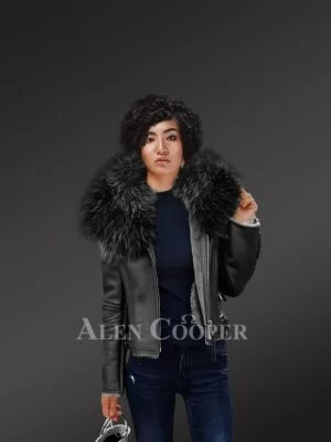 Black Real leather Jacket with Raccoon fur collar for Womens