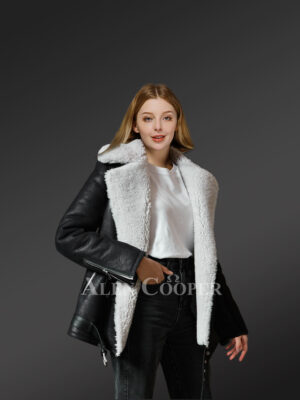 Black Sheepskin Shearling Jacket With White Wool Detailing