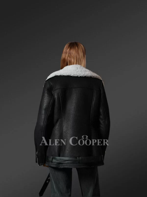 Black Sheepskin Shearling Jacket with White Wool Detailing - Image 3