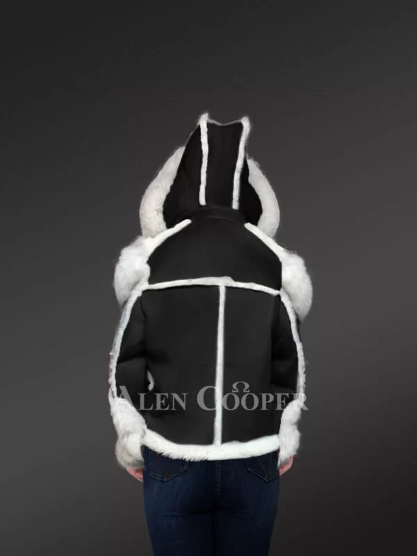 Black Sheepskin Shearling Jacket with Fox Fur for Women - Image 5