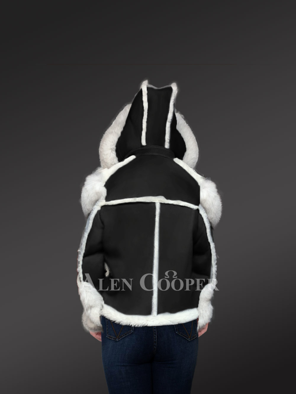 Black Sheepskin Shearling Jacket with Fox Fur for Women - Image 5