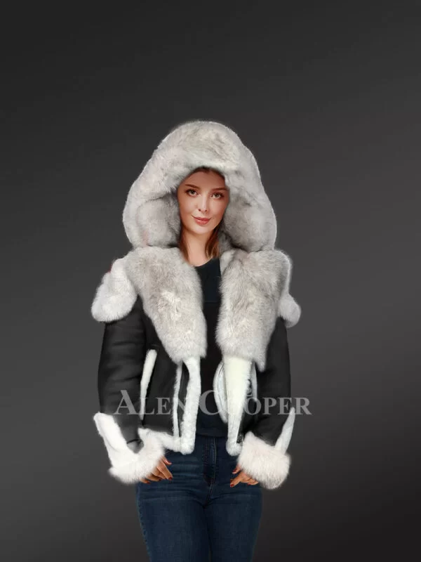 Black Sheepskin Shearling Jacket with Fox Fur for Women - Image 2